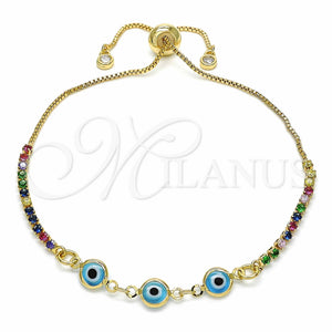 Pulsera Bolo Ajustable 03.63.2084.2.11 Oro Laminado, Diseño de Ojo Griego, con Multicolor Zirconia Cubica, Resinado Azul claro, Tono Dorado (01 MM Thickness, 11 Inches Length)