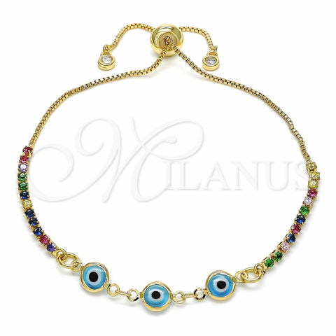 Pulsera Bolo Ajustable 03.63.2084.2.11 Oro Laminado, Diseño de Ojo Griego, con Multicolor Zirconia Cubica, Resinado Azul claro, Tono Dorado (01 MM Thickness, 11 Inches Length)