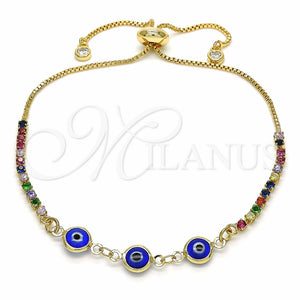 Pulsera Bolo Ajustable 03.63.2084.3.11 Oro Laminado, Diseño de Ojo Griego, con Multicolor Zirconia Cubica, Resinado Azul, Tono Dorado (01 MM Thickness, 11 Inches Length)