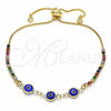 Pulsera Bolo Ajustable 03.63.2084.3.11 Oro Laminado, Diseño de Ojo Griego, con Multicolor Zirconia Cubica, Resinado Azul, Tono Dorado (01 MM Thickness, 11 Inches Length)