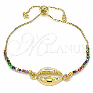 Pulsera Bolo Ajustable 03.63.2085.11 Oro Laminado, Diseño de Concha, con Multicolor Zirconia Cubica, Pulido, Tono Dorado (01 MM Thickness, 11 Inches Length)