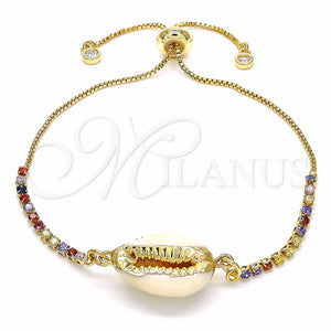 Pulsera Bolo Ajustable 03.63.2086.11 Oro Laminado, Diseño de Concha, con Multicolor Zirconia Cubica, Pulido, Tono Dorado (01 MM Thickness, 11 Inches Length)