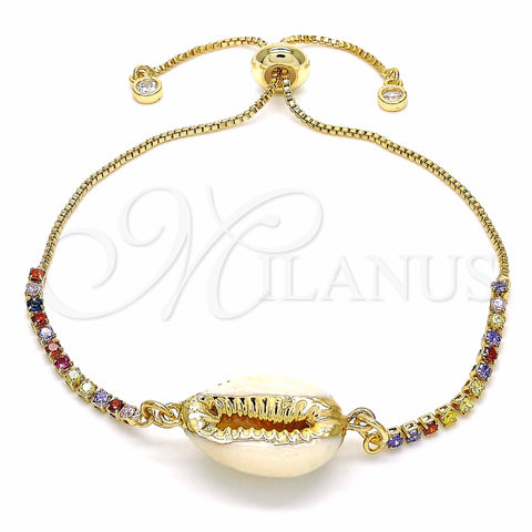 Pulsera Bolo Ajustable 03.63.2086.11 Oro Laminado, Diseño de Concha, con Multicolor Zirconia Cubica, Pulido, Tono Dorado (01 MM Thickness, 11 Inches Length)