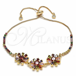 Pulsera Bolo Ajustable 03.316.0056.12 Oro Laminado, Diseño de Flor y Baguette, con Multicolor Zirconia Cubica, Pulido, Tono Dorado (01 MM Thickness, 12 Inches Length)