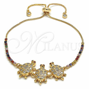 Pulsera Bolo Ajustable 03.316.0057.11 Oro Laminado, Diseño de Tortuga, con Blanca and Multicolor Zirconia Cubica, Pulido, Tono Dorado (01 MM Thickness, 11 Inches Length)