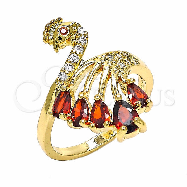 Anillo Multi Piedra 01.365.0004.07 Oro Laminado, Diseño de Pavo Real, con Granate and Blanca Zirconia Cubica, Pulido, Tono Dorado (Size 7)