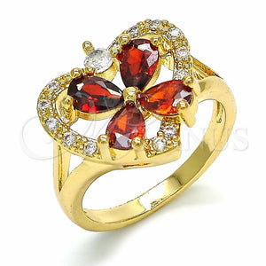 Anillo Multi Piedra 01.365.0005.07 Oro Laminado, Diseño de Corazón y Flor, con Granate and Blanca Zirconia Cubica, Pulido, Tono Dorado (Size 7)
