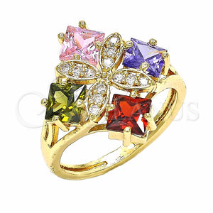 Anillo Multi Piedra 01.365.0011.07 Oro Laminado, Diseño de Flor, con Multicolor Zirconia Cubica, Pulido, Tono Dorado (Size 7)