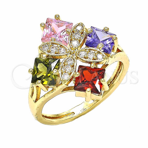 Anillo Multi Piedra 01.365.0011.07 Oro Laminado, Diseño de Flor, con Multicolor Zirconia Cubica, Pulido, Tono Dorado (Size 7)