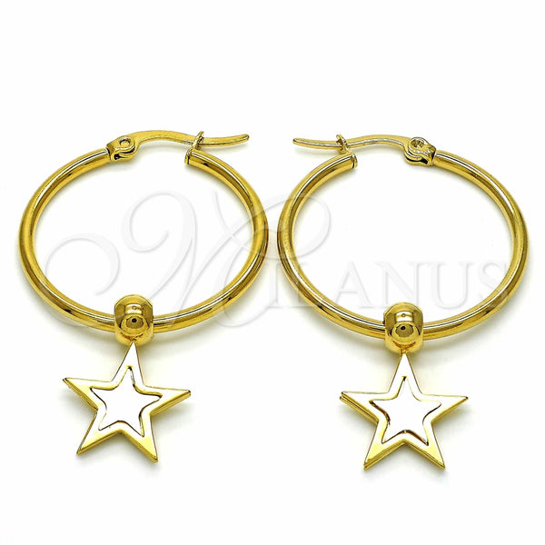 Argolla Mediana 02.364.0007.30 Acero Inoxidable, Diseño de Estrella, Esmaltado Blanco, Tono Dorado