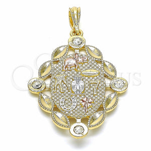 Dije Religioso 05.351.0030 Oro Laminado, Diseño de Elefante y Búho, con Blanca Cristal, Pulido, Tres Tonos