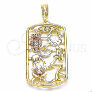 Dije Religioso 05.351.0032 Oro Laminado, Diseño de Elefante y Búho, con Blanca Cristal, Pulido, Tres Tonos