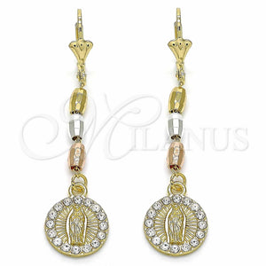 Arete Largo 02.351.0027.1 Oro Laminado, Diseño de Guadalupe, con Blanca Cristal, Pulido, Tres Tonos