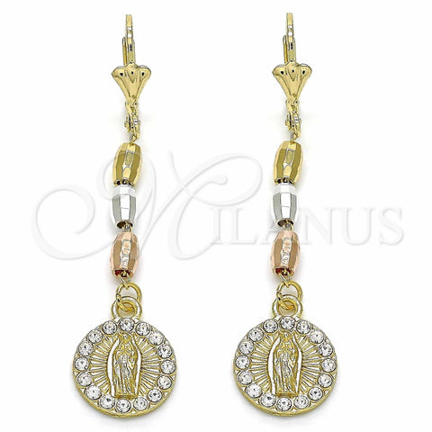 Arete Largo 02.351.0027.1 Oro Laminado, Diseño de Guadalupe, con Blanca Cristal, Pulido, Tres Tonos