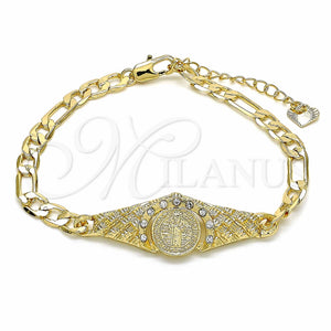 Pulsera Elegante 03.351.0048.07 Oro Laminado, Diseño de San Benito, con Blanca Cristal, Diamantado, Tono Dorado (06 MM Thickness, 7 Inches Length)