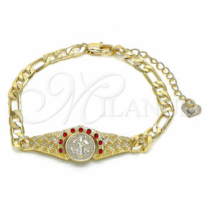 Pulsera Elegante 03.351.0048.1.07 Oro Laminado, Diseño de San Benito, con Granate Cristal, Diamantado, Tono Dorado (06 MM Thickness, 7 Inches Length)