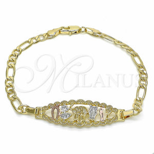 Pulsera Elegante 03.351.0049.07 Oro Laminado, Diseño de Elefante y Búho, Pulido, Tres Tonos (05 MM Thickness, 7 Inches Length)