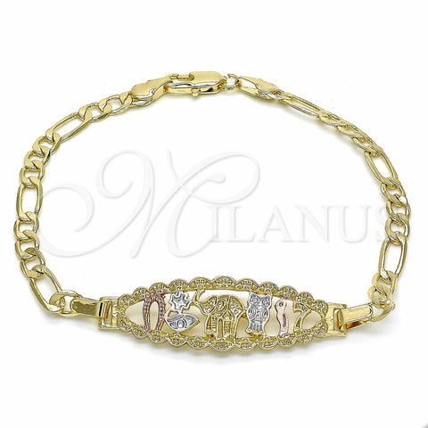 Pulsera Elegante 03.351.0049.07 Oro Laminado, Diseño de Elefante y Búho, Pulido, Tres Tonos (05 MM Thickness, 7 Inches Length)