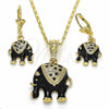 Juego de Arete y Dije de Adulto 10.351.0004.1 Oro Laminado, Diseño de Elefante, con Blanca Cristal, Esmaltado Negro, Tono Dorado
