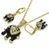 Juego de Arete y Dije de Adulto 10.351.0004.1 Oro Laminado, Diseño de Elefante, con Blanca Cristal, Esmaltado Negro, Tono Dorado