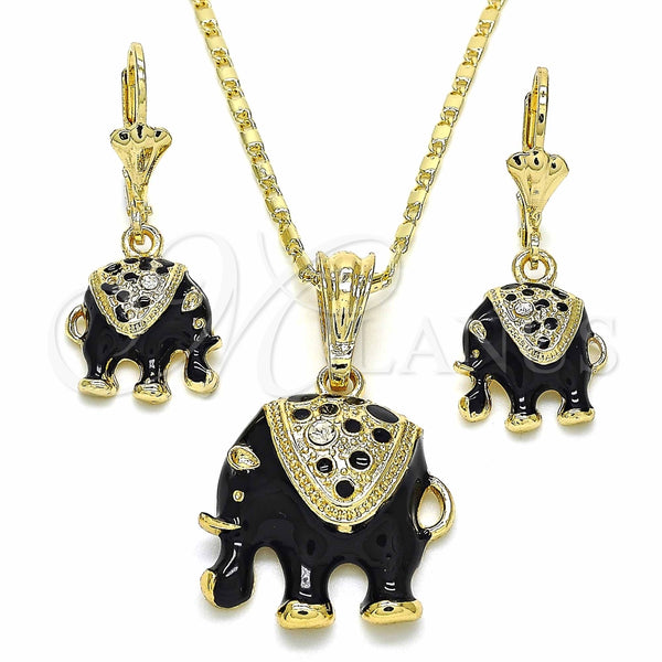 Juego de Arete y Dije de Adulto 10.351.0004.1 Oro Laminado, Diseño de Elefante, con Blanca Cristal, Esmaltado Negro, Tono Dorado