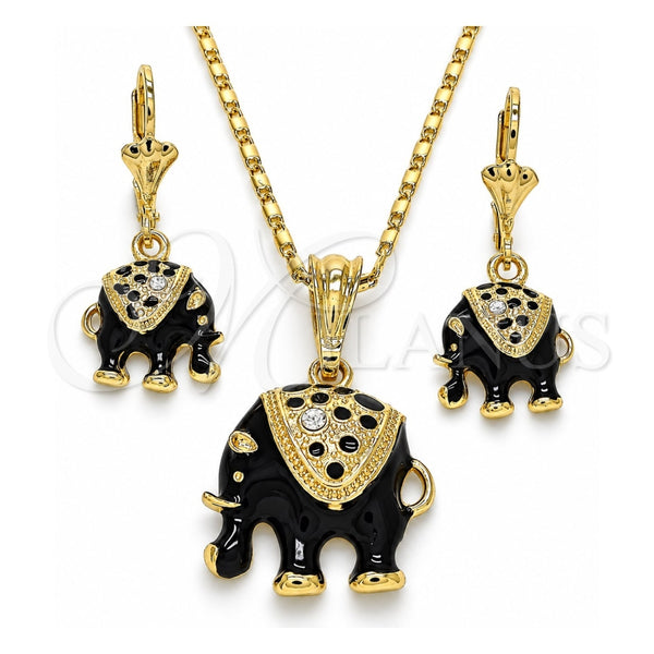 Juego de Arete y Dije de Adulto 10.351.0004.1 Oro Laminado, Diseño de Elefante, con Blanca Cristal, Esmaltado Negro, Tono Dorado