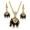 Juego de Arete y Dije de Adulto 10.351.0004.1 Oro Laminado, Diseño de Elefante, con Blanca Cristal, Esmaltado Negro, Tono Dorado
