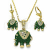 Juego de Arete y Dije de Adulto 10.351.0004.2 Oro Laminado, Diseño de Elefante, con Blanca Cristal, Esmaltado Verde, Tono Dorado