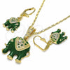 Juego de Arete y Dije de Adulto 10.351.0004.2 Oro Laminado, Diseño de Elefante, con Blanca Cristal, Esmaltado Verde, Tono Dorado