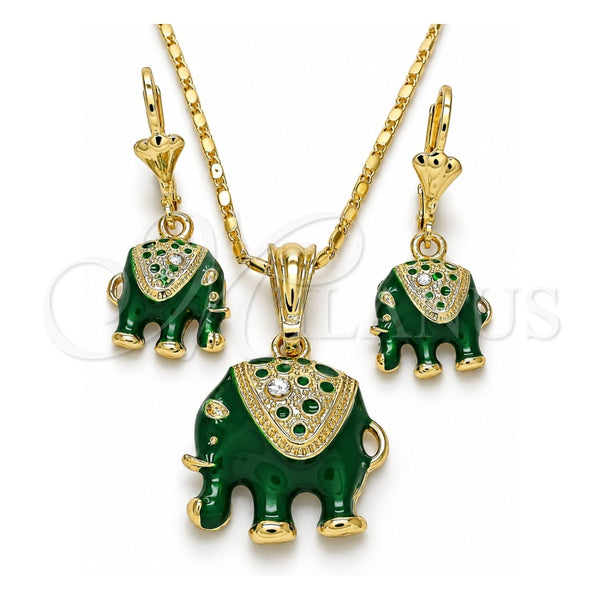 Juego de Arete y Dije de Adulto 10.351.0004.2 Oro Laminado, Diseño de Elefante, con Blanca Cristal, Esmaltado Verde, Tono Dorado