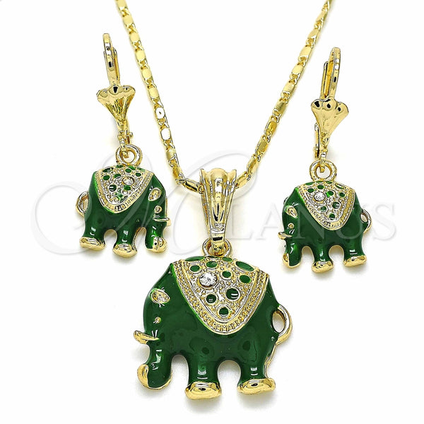 Juego de Arete y Dije de Adulto 10.351.0004.2 Oro Laminado, Diseño de Elefante, con Blanca Cristal, Esmaltado Verde, Tono Dorado