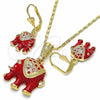 Juego de Arete y Dije de Adulto 10.351.0004.3 Oro Laminado, Diseño de Elefante, con Blanca Cristal, Esmaltado Rojo, Tono Dorado