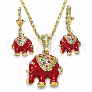 Juego de Arete y Dije de Adulto 10.351.0004.3 Oro Laminado, Diseño de Elefante, con Blanca Cristal, Esmaltado Rojo, Tono Dorado