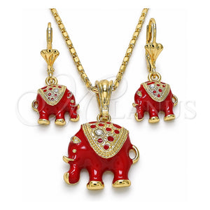 Juego de Arete y Dije de Adulto 10.351.0004.3 Oro Laminado, Diseño de Elefante, con Blanca Cristal, Esmaltado Rojo, Tono Dorado