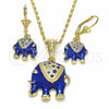 Juego de Arete y Dije de Adulto 10.351.0004.4 Oro Laminado, Diseño de Elefante, con Blanca Cristal, Esmaltado Azul, Tono Dorado