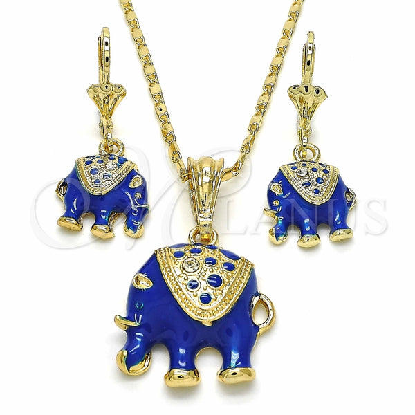 Juego de Arete y Dije de Adulto 10.351.0004.4 Oro Laminado, Diseño de Elefante, con Blanca Cristal, Esmaltado Azul, Tono Dorado