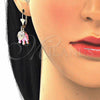 Juego de Arete y Dije de Adulto 10.351.0004.5 Oro Laminado, Diseño de Elefante, con Blanca Cristal, Esmaltado Rosado, Tono Dorado