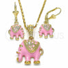 Juego de Arete y Dije de Adulto 10.351.0004.5 Oro Laminado, Diseño de Elefante, con Blanca Cristal, Esmaltado Rosado, Tono Dorado