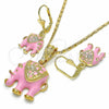 Juego de Arete y Dije de Adulto 10.351.0004.5 Oro Laminado, Diseño de Elefante, con Blanca Cristal, Esmaltado Rosado, Tono Dorado