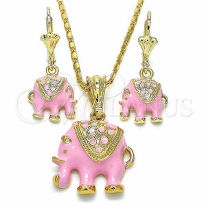 Juego de Arete y Dije de Adulto 10.351.0004.5 Oro Laminado, Diseño de Elefante, con Blanca Cristal, Esmaltado Rosado, Tono Dorado