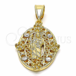 Dije Religioso 05.253.0067 Oro Laminado, Diseño de San Judas y Flor, con Blanca Cristal, Pulido, Tono Dorado