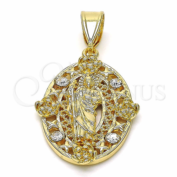 Dije Religioso 05.253.0067 Oro Laminado, Diseño de San Judas y Flor, con Blanca Cristal, Pulido, Tono Dorado
