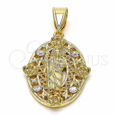 Dije Religioso 05.253.0067 Oro Laminado, Diseño de San Judas y Flor, con Blanca Cristal, Pulido, Tono Dorado