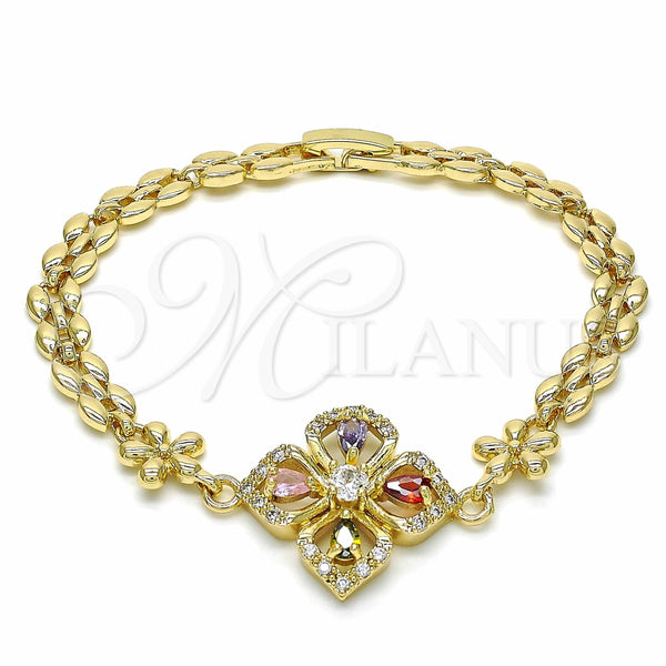 Pulsera Elegante 03.357.0007.2.07 Oro Laminado, Diseño de Flor y Gota, con Multicolor Zirconia Cubica, Pulido, Tono Dorado (06 MM Thickness, 7 Inches Length)