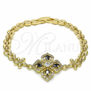 Pulsera Elegante 03.357.0007.3.07 Oro Laminado, Diseño de Flor y Gota, con Negro and Blanca Zirconia Cubica, Pulido, Tono Dorado (06 MM Thickness, 7 Inches Length)