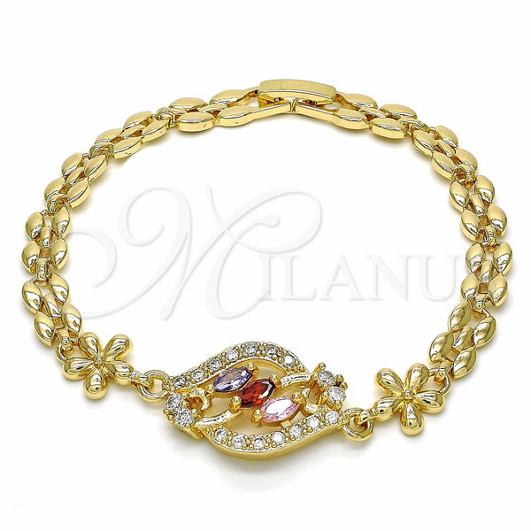 Pulsera Elegante 03.357.0008.1.07 Oro Laminado, Diseño de Flor, con Multicolor Zirconia Cubica, Pulido, Tono Dorado (06 MM Thickness, 7 Inches Length)