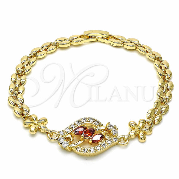 Pulsera Elegante 03.357.0008.2.07 Oro Laminado, Diseño de Flor, con Granate and Blanca Zirconia Cubica, Pulido, Tono Dorado (06 MM Thickness, 7 Inches Length)