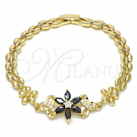 Pulsera Elegante 03.357.0010.3.07 Oro Laminado, Diseño de Flor, con Negro and Blanca Zirconia Cubica, Pulido, Tono Dorado (06 MM Thickness, 7 Inches Length)