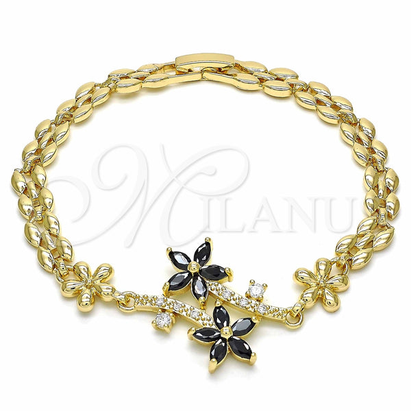 Pulsera Elegante 03.357.0011.3.07 Oro Laminado, Diseño de Flor, con Negro and Blanca Zirconia Cubica, Pulido, Tono Dorado (06 MM Thickness, 7 Inches Length)