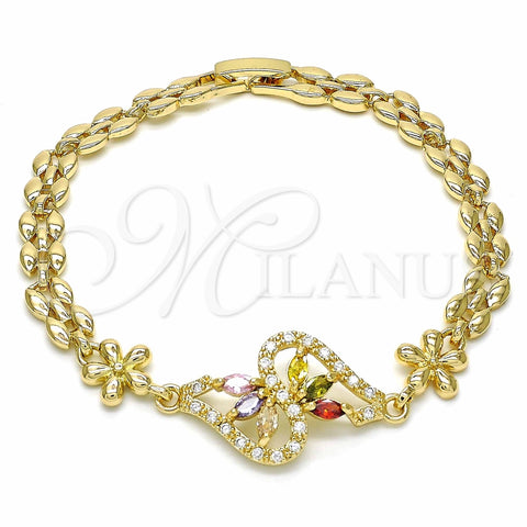 Pulsera Elegante 03.357.0012.1.07 Oro Laminado, Diseño de Flor, con Multicolor and Blanca Zirconia Cubica, Pulido, Tono Dorado (06 MM Thickness, 7 Inches Length)